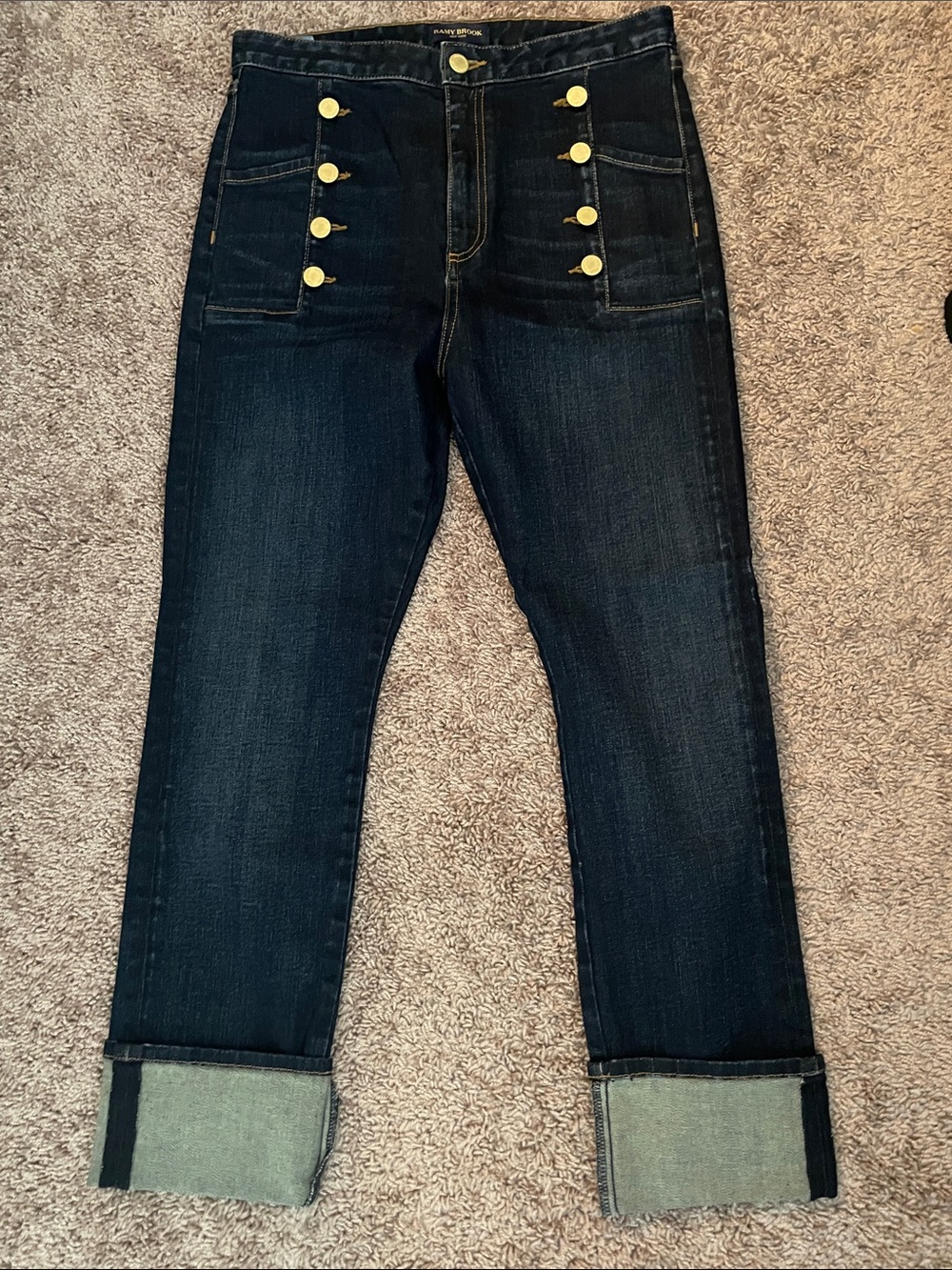 Ramy Brook Dark Blue Boyfriend Jeans with Gold Buttons